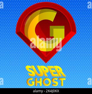 Superhelden-Wappen mit dem Symbol „Super Ghost“. Farbenfrohe Vektorgrafik im Comic-Stil. Stock Vektor