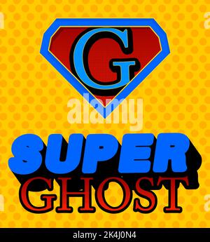 Superhelden-Wappen mit dem Symbol „Super Ghost“. Farbenfrohe Vektorgrafik im Comic-Stil. Stock Vektor