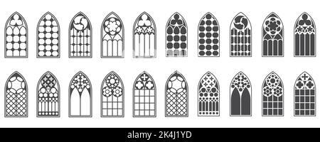 Kirchenfenster gesetzt. Silhouetten von gotischen Bögen in Linie und Glyphe klassischen Stil. Alte Kathedralenglasrahmen. Mittelalterliche Inneneinrichtung. Vektor Stock Vektor