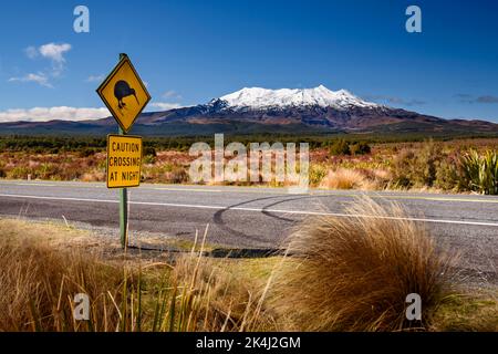 Straßenschild Kiwi Crossing im Tongariro National Park, Neuseeland Stockfoto