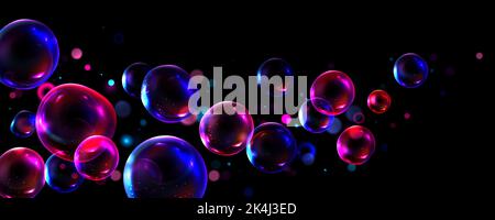 Glänzende bunte transparente Blasen auf schwarzem Hintergrund. Realistische Vektordarstellung von Fantasy-Wasser, Seifenschaumkugeln fliegen in der Luft. Magische Sauberkeit durch Waschmittel. Spaß für die Kindheit Stock Vektor