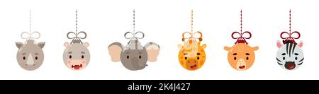 Frohe Weihnachten und Neujahr Ball mit niedlichen Nashorn, Nilpferd, Elefant, Giraffe, Kamel, zebra. Sammlung von Cartoon Winterferien Tier Kugel. Vektor Stock Vektor