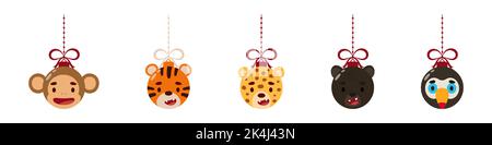 Frohe Weihnachten und Neujahr Ball mit niedlichen Affen, Tiger, Gepard, Panther, Tukan. Sammlung von Cartoon Winterferien Tier Kugel. Vektormaterial Stock Vektor