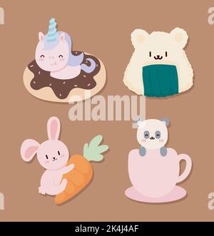 Set von Kawaii Tiere und Nahrung Stock Vektor