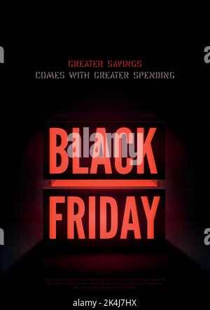 Black friday Mega Verkauf Vektor Poster Vorlage bei Nacht. Rote Neon Leuchtkasten für größte Shopping-Event 3D Inschrift. Rabatte bieten Werbung mit Copyspace. Verkauf demnächst Banner Design Stock Vektor