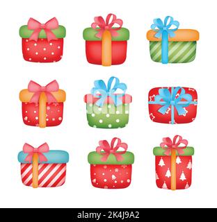 Weihnachten und glückliches neues Jahr Geschenk-Boxen auf weißem Hintergrund gesetzt. Stock Vektor