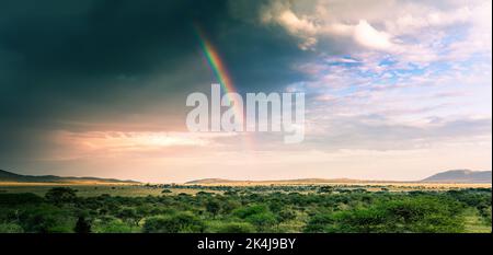 Regenbogen über der Landschaft der Serengeti, Tansania Stockfoto