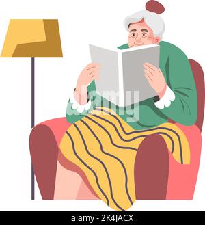 Großmutter liest Buch im Sessel, Freizeit Stock Vektor