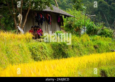 Mu Cang Chai, Vietnam - 24. Sep 2022: Menschen mit einer ethnischen Minderheit in Mu Cang Chai, Yen Bai. Mu Cang Chai ist ein Viertel, das für viele Reisterrassen berühmt ist Stockfoto