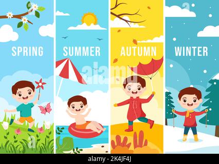 Landschaft der vier Jahreszeiten der Natur mit Landschaft Frühling, Sommer, Herbst und Winter in Vorlage Handgezeichnete Cartoon Flat Style Illustration Stock Vektor
