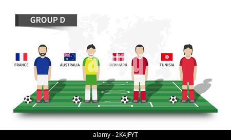 Qatar fifa Fußball-Weltmeisterschaft 2022 . 32 Teams gruppieren Bühnen und Zeichentrickfilm-Spieler-Charakter mit Trikot und Länderflaggen auf Perspective Football Stock Vektor