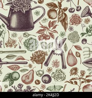 Gartenarbeit nahtlose Muster Hintergrund-Design. Gravierte Ausführung. Handgezogene Gießkannen, Äpfel, Kirschen, Rosen, Birnen, Schaufel, Rechen, Scheren, Kamille Stock Vektor