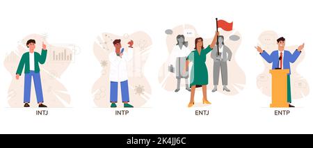 Satz von MBTI-Personentypen des Analysten. Socionics mbti. Persönlichkeitstest. Konzept des Verstandesverhaltens. Flache Vektorgrafik Stock Vektor