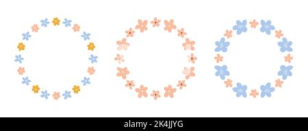 Set von niedlichen Blumenkränze mit winzigen Blumen isoliert auf weißem Hintergrund. Handgezeichnete flache Vektorgrafik. Perfekt für Karten, Einladungen, Dekorationen Stock Vektor