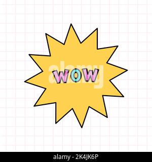 Niedlicher Stern mit dem Text Wow im Stil der 90s. Vektor-handgezeichnete Doodle-Illustration isoliert auf weißem Hintergrund. Nostalgie für die 1990s. Stock Vektor