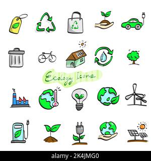 Bunte Ökologie Icon Set Illustration Vektor von Hand gezeichnet isoliert auf weißem Hintergrund Stock Vektor