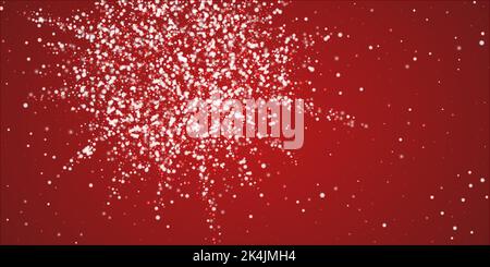 Schneefall Overlay weihnachten Hintergrund. Subtile fliegende Schneeflocken und Sterne auf weihnachtlich rotem Hintergrund. Festlicher Schneefall-Overlay. Breite Vektorgrafik Stock Vektor