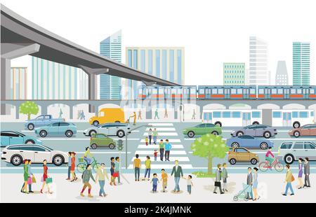 City Silhouette mit Straßenverkehr und Fußgängern auf dem Fußgängerübergang, Illustration Stock Vektor