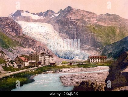 Rhône Glacier and Glacier Hotel, Furkapass, Wallis, Schweiz 1890. Stockfoto