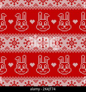 Nahtloses Strickmuster für das neue Jahr 2023 des Kaninchens. Vektor-Hintergrund mit niedlichen Hasen, Schneeflocken und skandinavischen Ornamenten. Stock Vektor