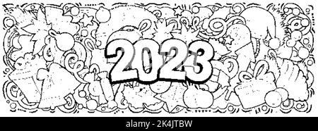 2023 Kritzeleien horizontale Abbildung. Neujahrs-Objekte und Elemente-Poster Stock Vektor