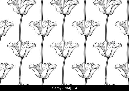 Nahtlose Vektor-Linie Kunstmuster aus schwarzen handgezeichneten Tulpenblüten auf weiß Stock Vektor