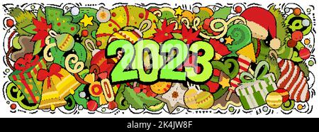 2023 Kritzeleien horizontale Abbildung. Neujahrs-Objekte und Elemente-Poster Stock Vektor