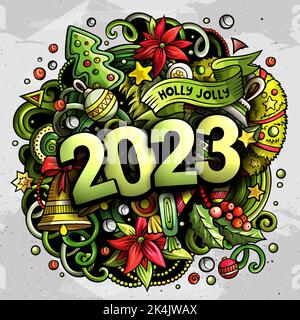 2023 Kritzeleien Illustration. Neujahrs-Objekte und Elemente-Poster Stock Vektor