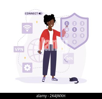 VPN-Verbindung. Afrikanische Frau, die ein virtuelles privates Netzwerk nutzt. Kennwortsicherheit. Geschützte Zugriffskontrolle, Datenschutz. Vektorgrafik Stock Vektor