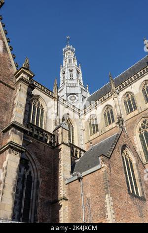 Grote of St. Bavo Kerk, Alte Gebäude, Architektur in der niederländischen Stadt Haarlem, Niederlande Stockfoto