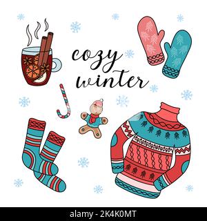 Gemütliche Winterkarte. Warme Kleidung und Glühwein-Design-Elemente. Vektor-Set von bunten Weihnachts-Kritzeleien. Skizzieren Sie handgezeichnete Illustrationen von isoliert Stock Vektor