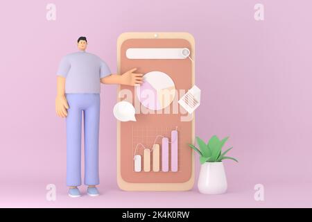 Eine männliche Figur präsentiert die Infografik auf dem mobilen Bildschirm. 3D Rendering von Geschäftsmodellen Stockfoto