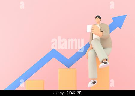 Ein Mann-Charakter, der mit dem Diagramm sitzt, zeigt den Vorrat an. 3D Rendering von Geschäftsmodellen. Stockfoto