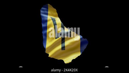 Barbados Kartenform mit wehender Flagge im Hintergrund. Alphakanal-Übersicht des Landes. Stockfoto