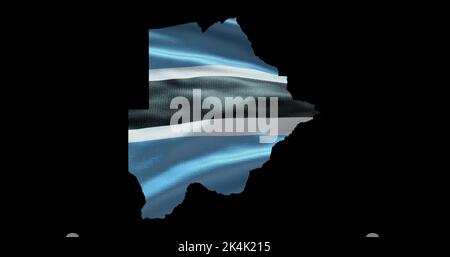 Botswana Kartenform mit wehender Flagge im Hintergrund. Alphakanal-Übersicht des Landes. Stockfoto