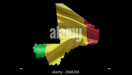 Mali Kartenform mit wehender Flagge Hintergrund. Alphakanal-Übersicht des Landes. Stockfoto
