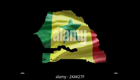 Senegal Kartenform mit Hintergrund der wehenden Flagge. Alphakanal-Übersicht des Landes. Stockfoto