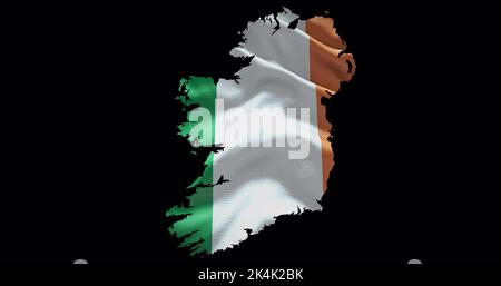 Irland Kartenform mit wehender Flagge Hintergrund. Alphakanal-Übersicht des Landes. Stockfoto