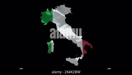 Kartenform Italien mit Hintergrund der wehenden Flagge. Alphakanal-Übersicht des Landes. Stockfoto