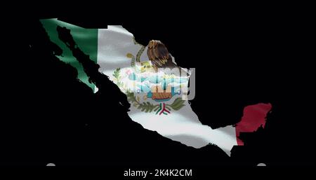 Mexiko-Kartenform mit Hintergrund der wehenden Flagge. Alphakanal-Übersicht des Landes. Stockfoto