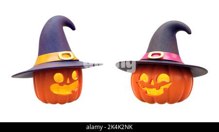 Zwei lustige Kürbisse mit Hüten isolierte Objekte auf weißem Hintergrund für Halloween-Party-Konzept in 3D Cartoon-Illustration Stockfoto