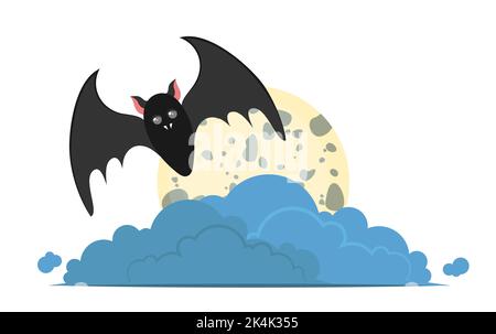 Illustration der Fledermaus fliegen in der Nacht mit großen Vollmond und Wolken isoliert auf weißem Hintergrund. Cartoon Fledermaus flies über Wolken und Mond Stock Vektor