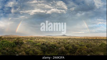 Regenbogen über der Landschaft der Serengeti, Tansania Stockfoto