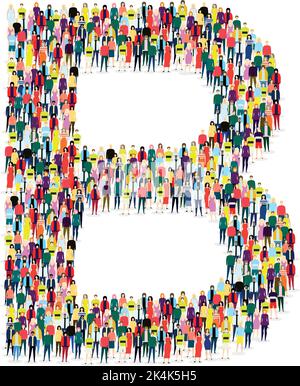 Der Buchstabe B wurde von vielen Menschen auf weißem Hintergrund zusammengestellt - Vektorgrafik Stock Vektor