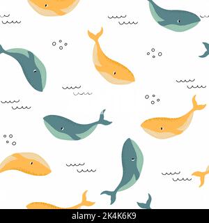 Vektor nahtlose Muster mit Wal.Underwater Cartoon Creatures.Marine Hintergrund.Cute Ozean Muster für Stoff, Kinderkleidung, Textilien, Verpackung Stock Vektor