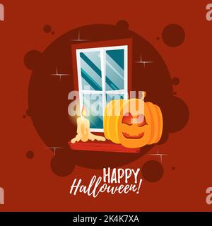 Halloween Party Grußkarte. Halloween Nacht dekoriertes Fenster mit Kürbis und Kerze. Halloween Hintergrund, Postkarte, Poster oder Einladung Stock Vektor