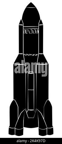 Schwarze Silhouette des Raumschiffs mit länglicher Rumpf isoliert auf weiß. Vektordesign-Element. Stock Vektor