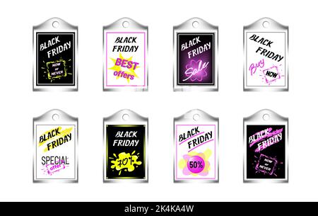 Black Friday Kartenset, Broschüren, Aufkleber, Tags, grungy Schriftzug, Metallic-Rahmen, Farbspritzer, Pinselstriche, Slogans Stock Vektor