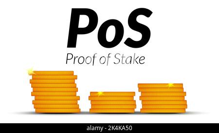 Schwarzer Text POS Proof of Stake mit Münzstapeln mit isolierten Schatten auf weißem Hintergrund. Vektordesign-Element. Stock Vektor