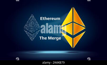 Ethereum Drahtgittsymbol fließt in goldenes ETH-Symbol auf dunkelblauem Hintergrund. Ethereum ETH wird mit Beacon Chain Proof of Stake System POS fusionieren. V Stock Vektor